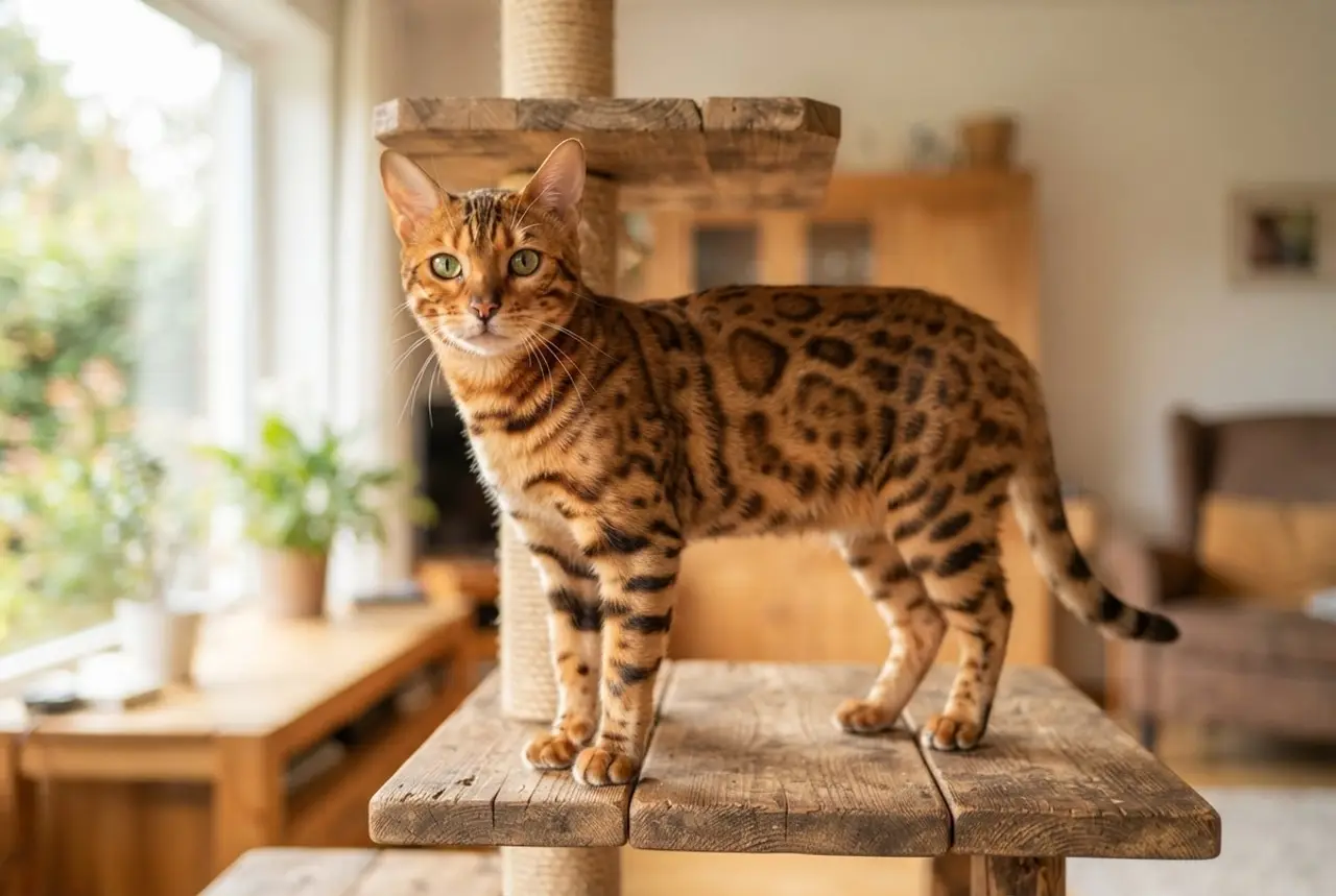 Bengalkatze mit goldenem Fell und Rosettenzeichnung steht auf einer Kratzbaum-Plattform