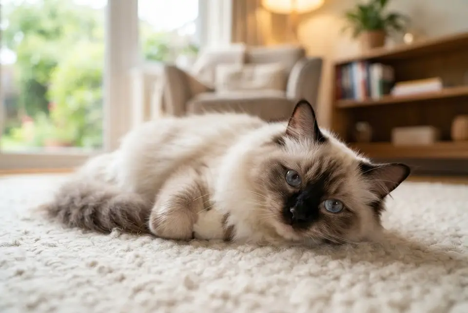 Ragdoll-Katze mit blauen Augen liegt entspannt auf einem weichen Teppich