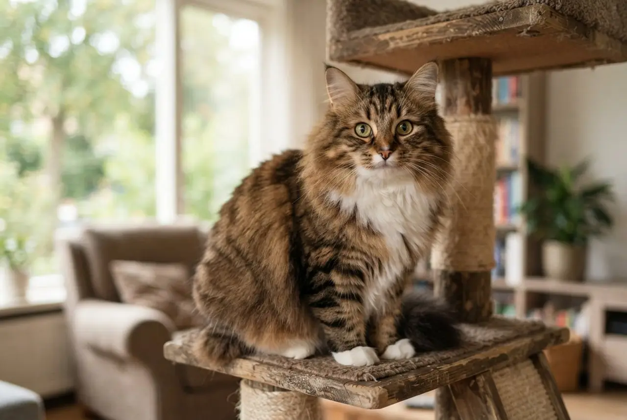 Sibirische Katze mit dichtem braun-weißem Fell sitzt auf einem Kratzbaum