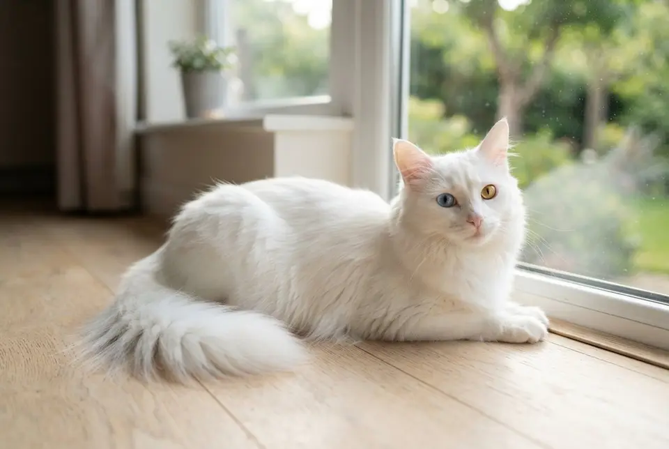 Weiße Türkisch Angora mit einem blauen und einem gelben Auge liegt am sonnigen Fenster
